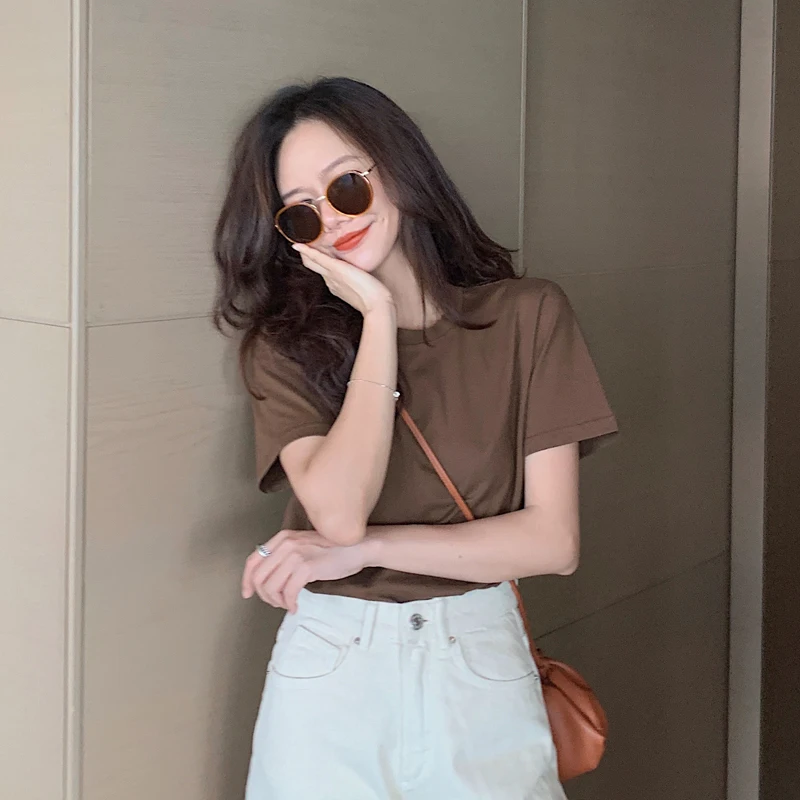 Женская кофейная футболка с коротким рукавом Новинка лета 2021 кроп топ высокой