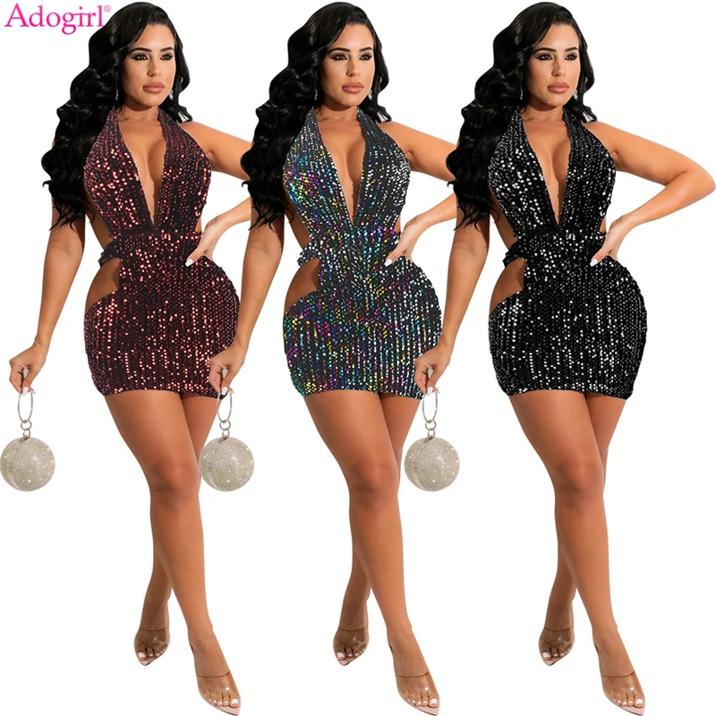 

Женское сексуальное мини-платье с блестками Adogirl Вечерние вечернее облегающее платье с глубоким V-образным вырезом, лямкой на шее и открытой спиной, одежда для ночного клуба, рождественские наряды