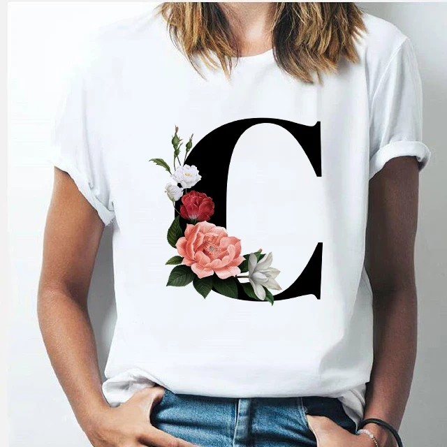 

Hot Sale 26 alphabet letter GIRL T-shirt Girl A To Z Alphabet combination flowers Short Sleeve casual Korean Style Tops,Drop