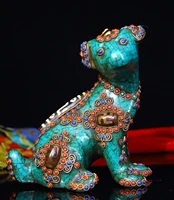 6 tibet buddhism old bronze filigree mosaic gem dzi bead turquoise dog statue pet dog town house exorcism ward off evil spirits