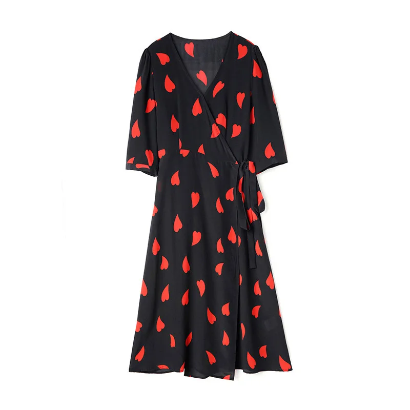 

Schinteon Women 100% Real Silk Heart Print Dress V-Neck Collar Half Sleeved Elegant A-lined Long Black Knee Length Dresses