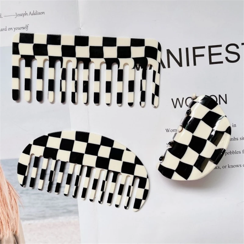 

New Korean Acetate Combs Black White Checkerboard Square Half Round Hair Comb Anti-static Comfortable