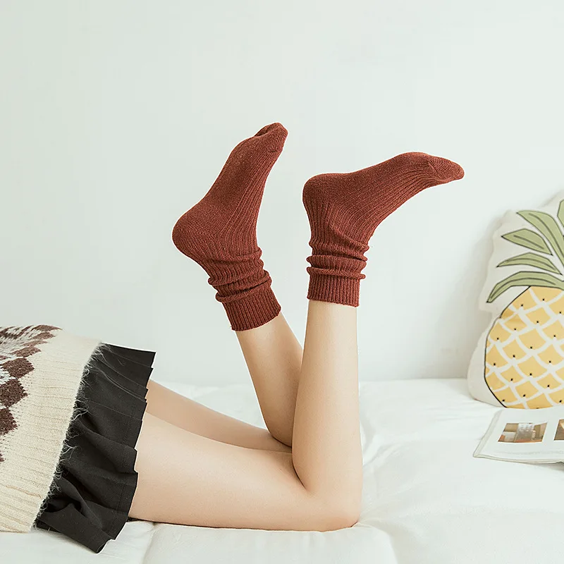 Winter Wool Thicken Warm Socks Women High Solid Long Loose Basics Casual Cotton Japanese Style Harajuku Sox Dark Grey Black Hot