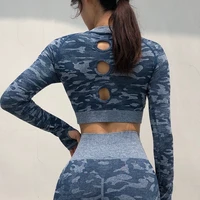 sexy backless sports t shirt camouflage slim slimming net red running yoga top quick drying long sleeves fitness tight clothes