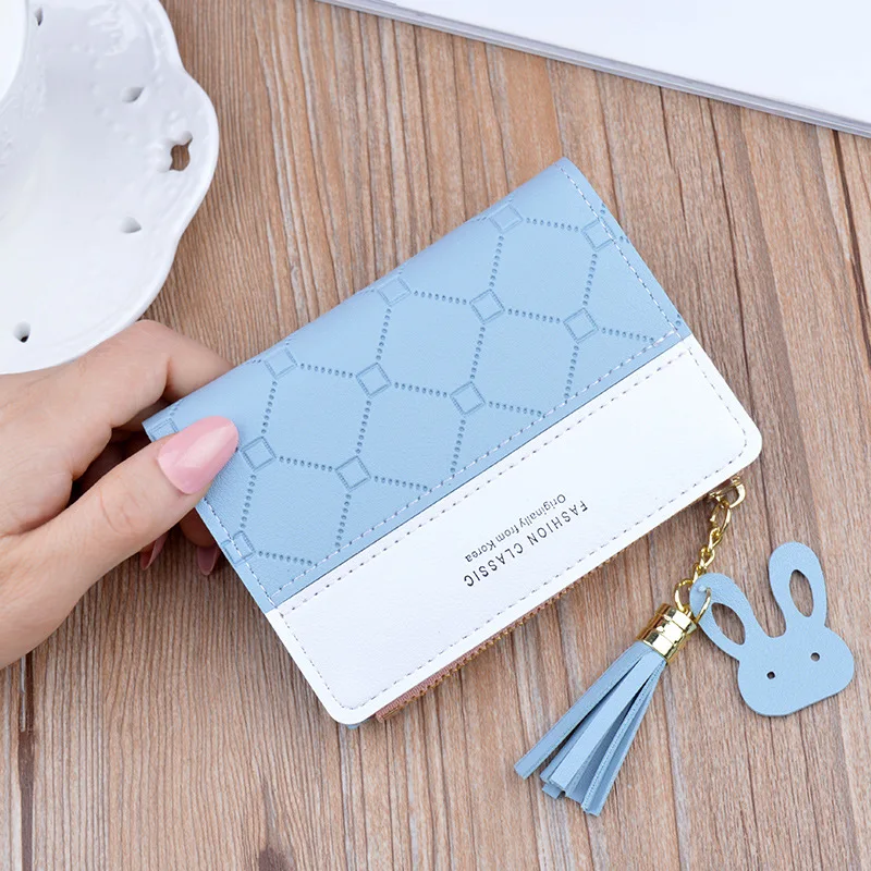 

Women Short Wallet Patchwork Small Zipper Purse Checked Embossed Tassel Wallets Cute Simple Card Holder Pink Mini Money Bag