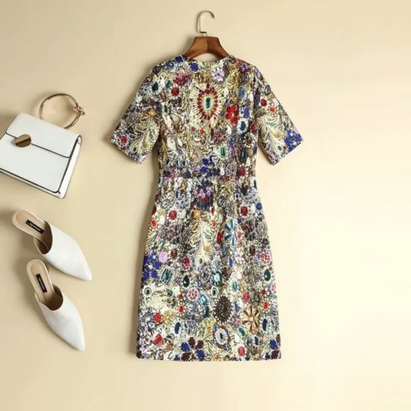

Women A-Line Short Dress 2021 High End Designer Diamonds Printed Slim Fit Vintage Dress Summer Female Runway Elegant Dresses New