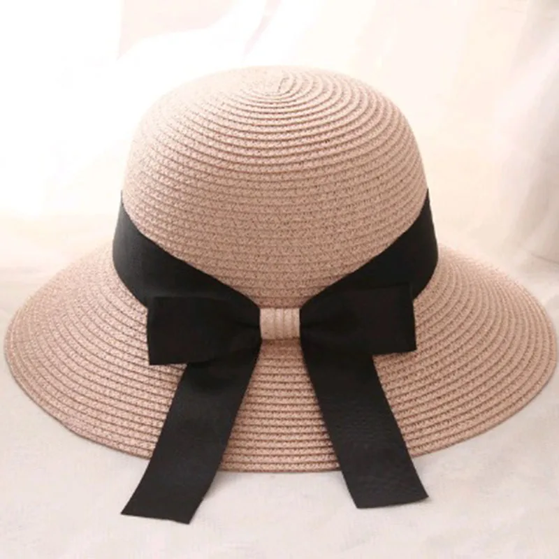 

Summer Women's Beach Hat Bowknot Streamer Bucket Hats Foldable Straw Hat Fitted Casual Breathable Sunscreen Fisherman Hat