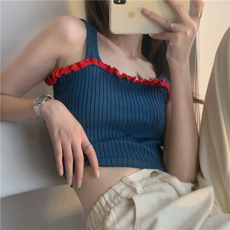 

Vest Chic Korean Clothes Crop Tops Knitted Camis Summer Style Women's Clothing Off Shoulder Spaghetti Strap Tees Slim New