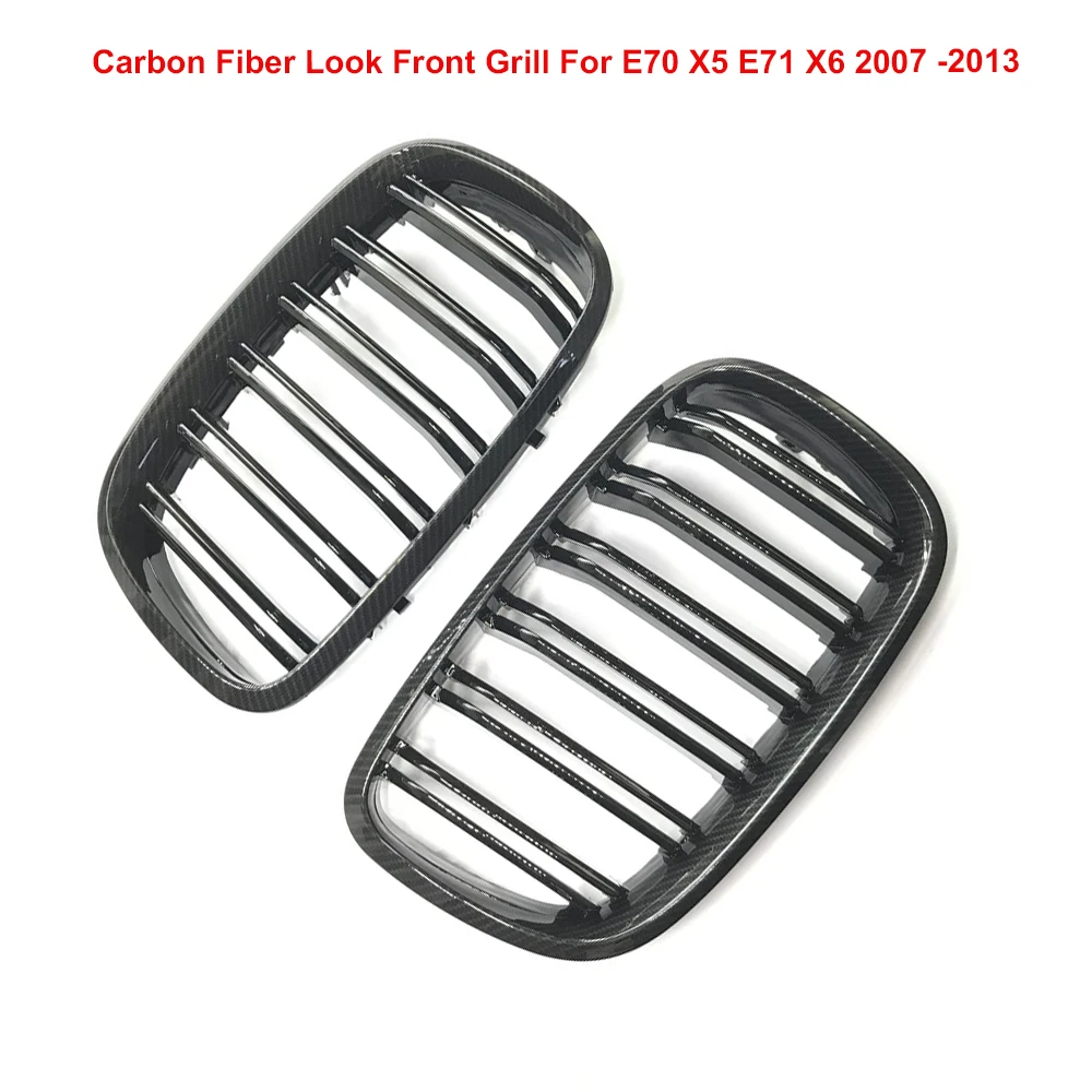 

One Pair Carbon Fiber Look Front Mesh Grill Double Slat Front Kidney Grill Bumper Grille For BMW X5 E70 X6 E71 2007-2013
