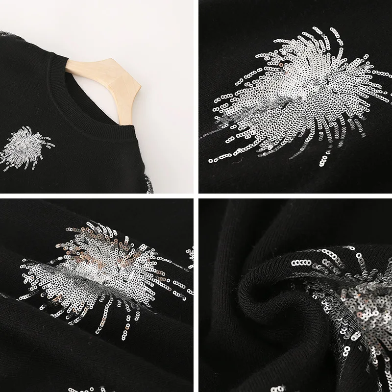 Женский трикотажный свитер с блестками Черный Повседневный пуловер вышивкой в