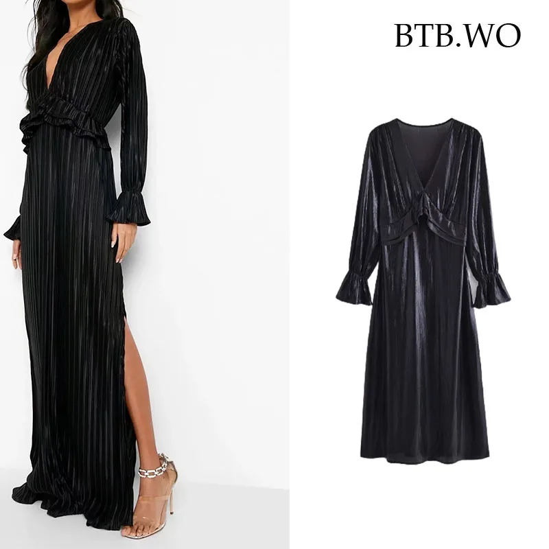 

BTB.WO Za Women Long Dress 2021 Autumn V Neck Long Sleeve Elegant Party Dresses Woman Pleated Ruffed Maxi Dress Vestidos