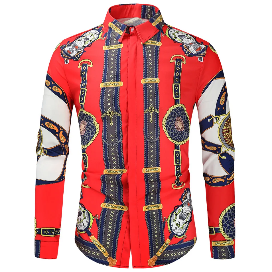 

Luxury Red Royal Print Shirt Men 2021 Brand Slim Fit Long Sleeve Shirts for Men Party Wedding Baroque Floral Shirt Male Chemise