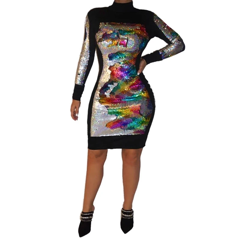 С длинными рукавами и с принтом Разноцветные Блестки Платье женское