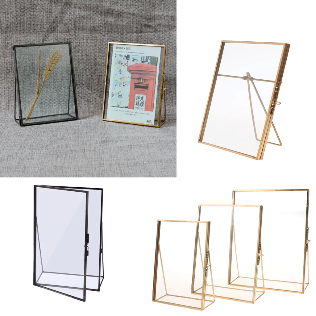 Simple Antique Gold Rectangle Glass Photo Frame Folding Desktop Picture Brass Frames for Portraits and Landscape Home Decoration