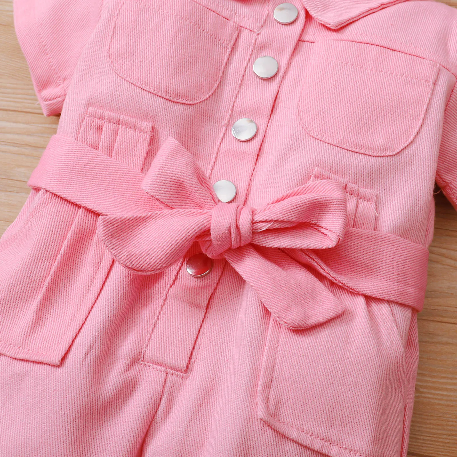 

Infant Kid Baby Girls Denim Jumpsuit Work Clothes One Piece Toddler Standing Collar Pocket Cool Short Sleeve Romper for Children