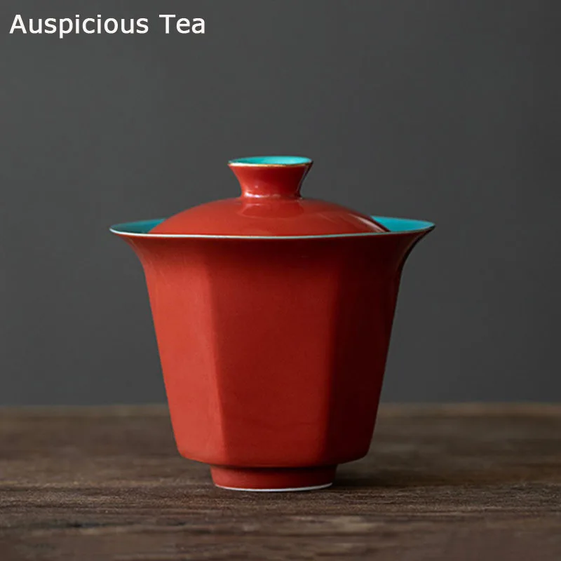 

120ml Japanese Style Red Ceramic Covered Bowl Tea Cup Household Home Heat Resistant Hand Grasping Bowl Kungfu Teaset Accessories