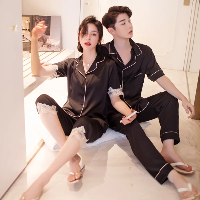 

New Couple Sleepwear Satin Pajamas Set Button-Down Pyjamas Suit Pijama Women Men Loungewear