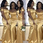Платье подружки невесты с открытыми плечами, золотистое эластичное атласное платье в пол для гостей свадьбы, 2022