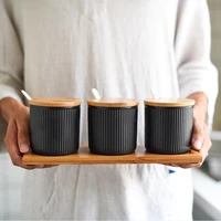 ceramic seasoning pot salt sugar spice pepper storage jar with bamboo cover lid tray 3 condiment pots with spoons