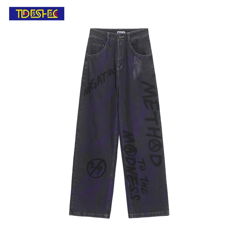

High Street Hip Hop Wash Spray Paint Graffiti Jeans Loose Straight Casual Men's Wide Leg Pants Fashion Unisex High Street Pants