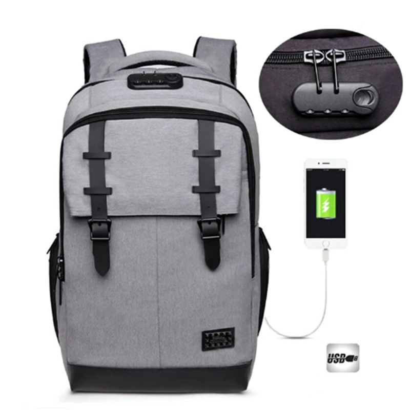 

Men Backapck Lock New Anti-thief USB Charge Laptop Backpack Fashion School Bags Password Travel Bag Male Mochila 2021 Solid Bag