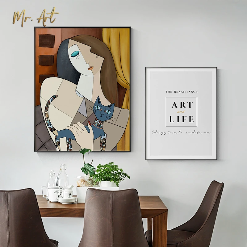 

Abstract Painting Pictures Woman W Cat Art Life Canvas Home Decor Wall Pictures for Living Room Dining Room Nordic Poster Print