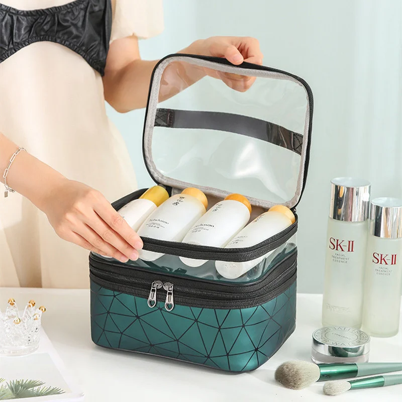 

Waterproof Double Layer Cosmetic Bag Women PU Leather Make up Organizer Case Travel Toiletry Storage Pouch Beautician Makeup Box