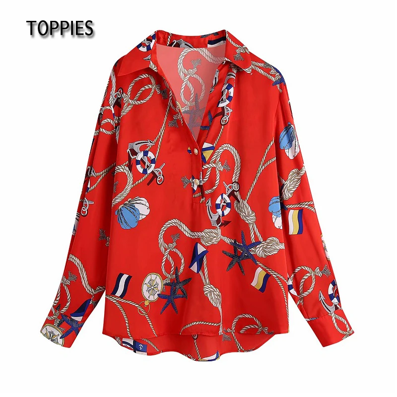 

Toppies 2021 Fashion Printing Shirts Button Loose Blouses Tops High Street Female Tops