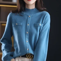 100 pure wool spring autumn winter womens half turtleneck sweater pure color korean version of all match button knit sweater