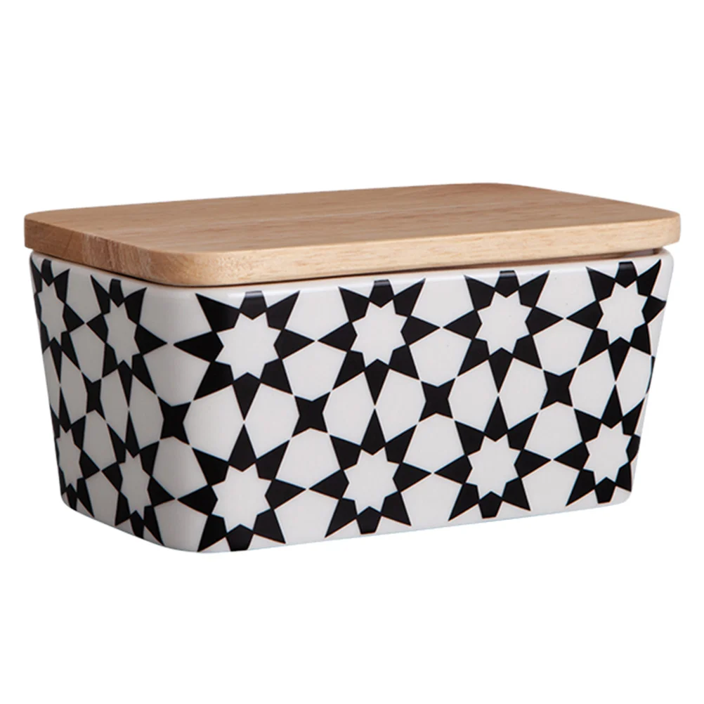 

1Pc Patterned Ceramic Butter Dish Butter Keeper Container with Wooden Lid
