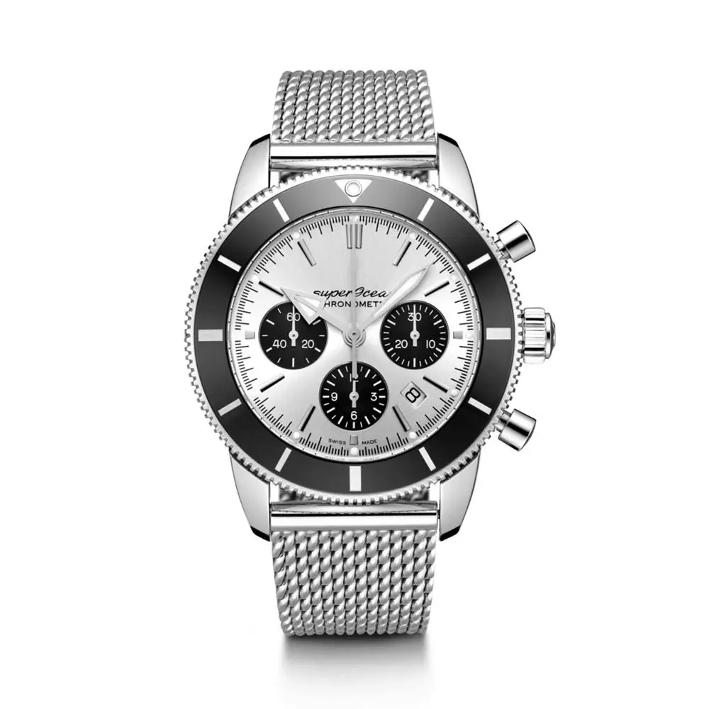 

Brand New Mens Superocean Quartz Chronograph Stainless Steel 46mm Watch Luxury Ceramic Bezel Black White Dial Rubber Strap