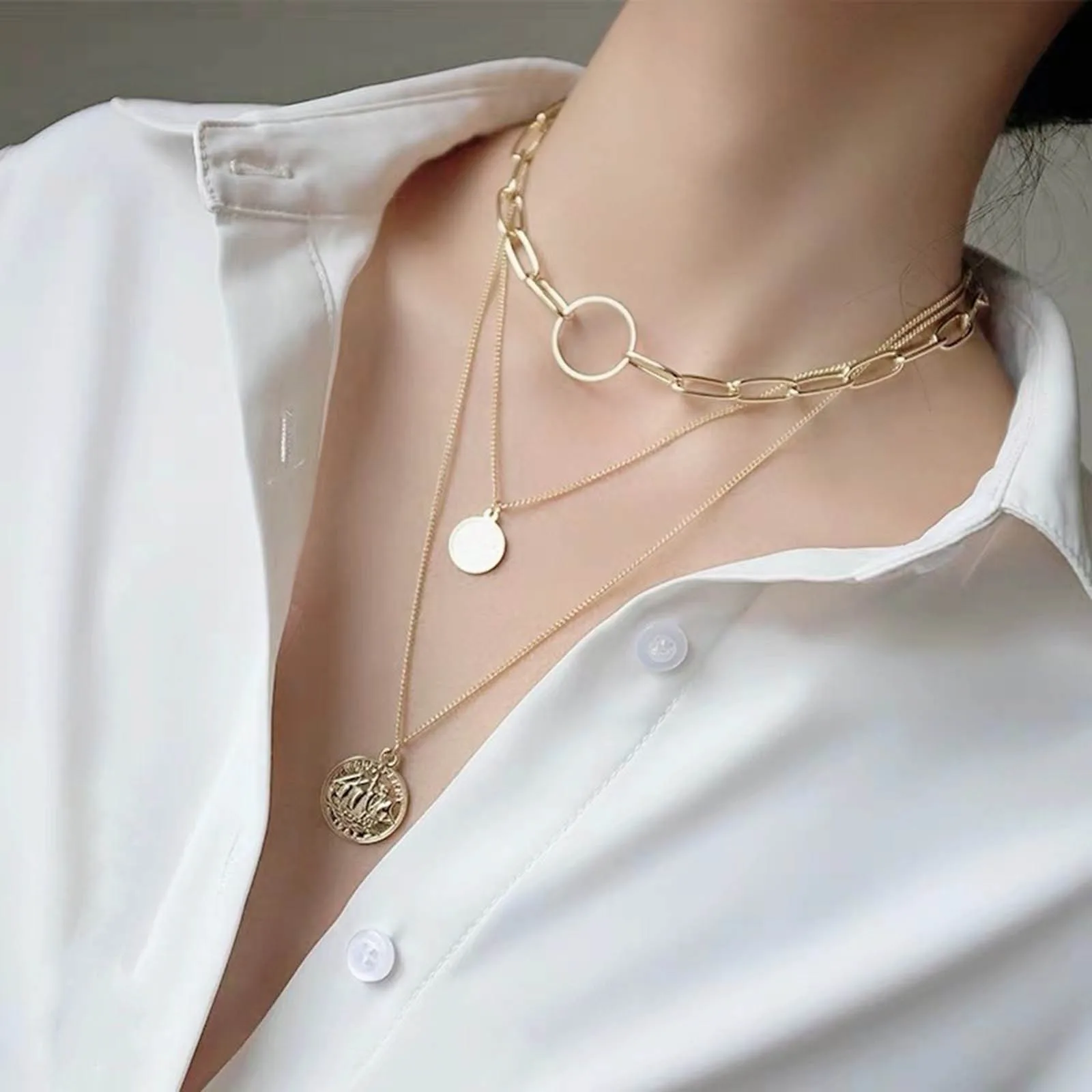 

Multilayer Layered Necklace Gold/Silver Color Metal Round Head Portrait Pendants Link Chains Women Party Club Collar Jewelry,1PC