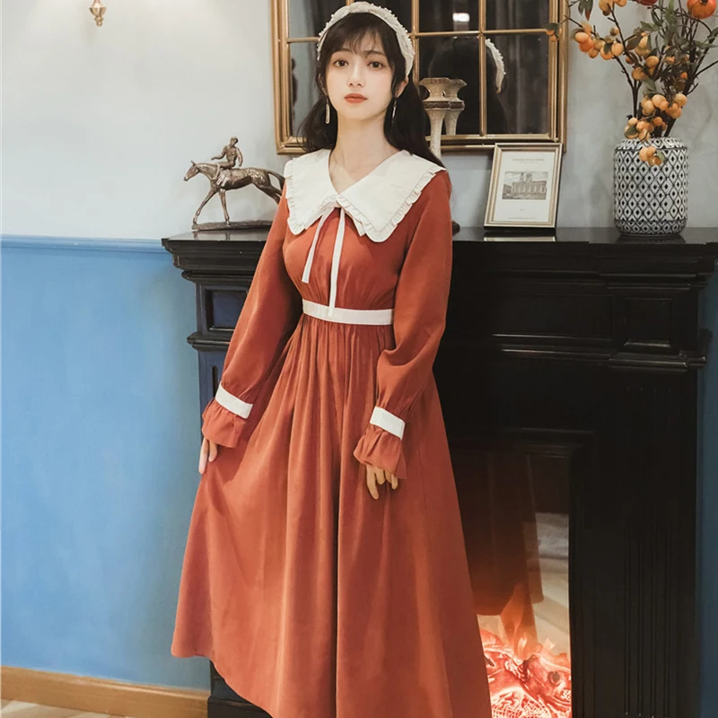

New Cotton Corduroy Vintage Long Women Dress 2021 Spring Full Sleeve Evening Party Elegant Women Dress Mid-Calf Vestido