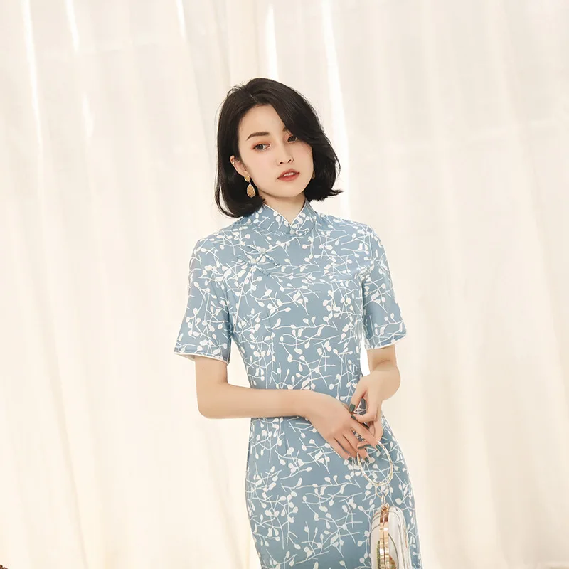 

Women Elegant Mandarin Collar Novelty Qipao M-3XL Summer Vintage Oriental Cotton Cheongsam Dress Sexy Slim Chinese Dresses