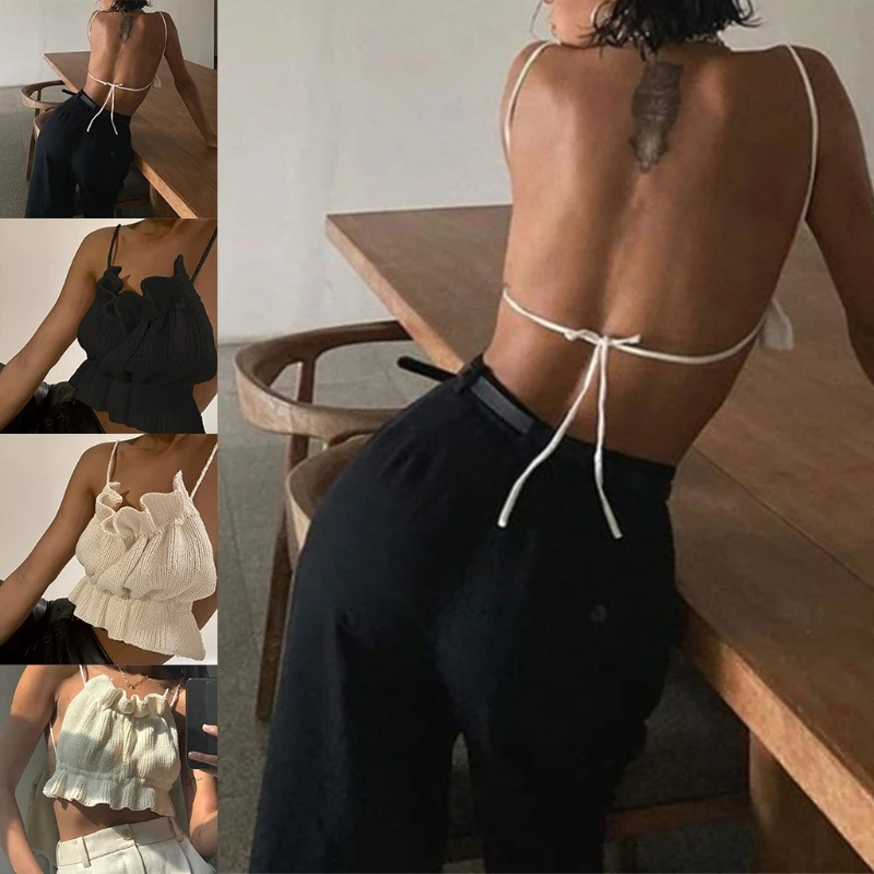 

Women Sleeveless Knitted Crop Top Sexy Ruched Backless Camisole Bandage Tank Top