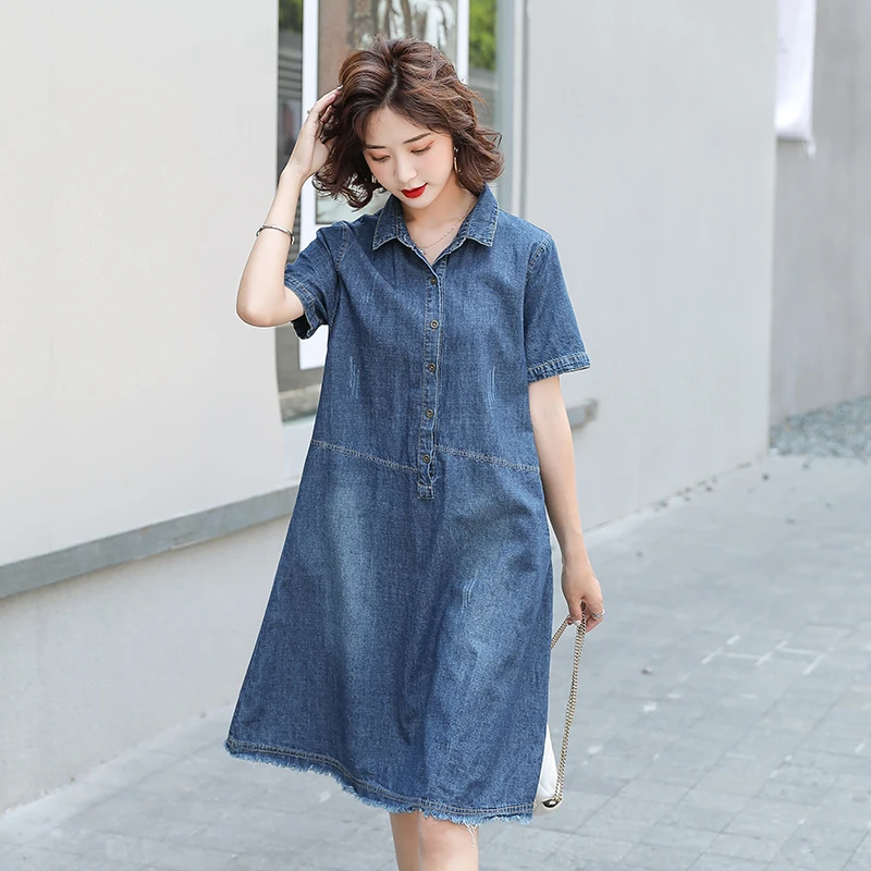 

New Summer Style Women Dresses Plus Size Turn-Down Collar Solid Tassel Hem Short Sleeve Jeans Dress For Female Denim One-Piece