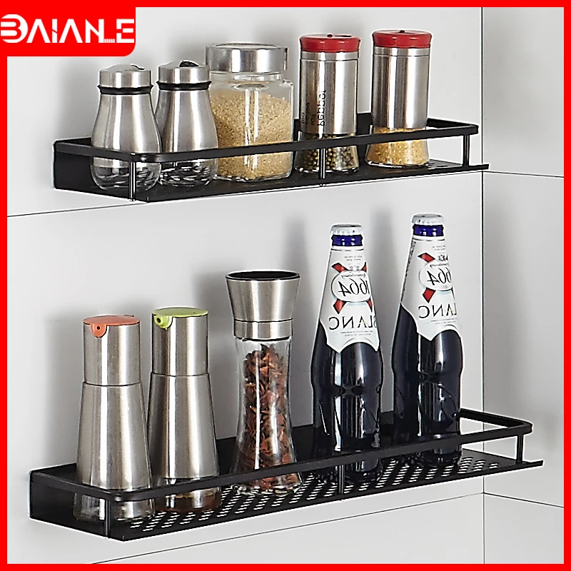 

Органайзер для кухни, алюминиевая кухонная полка для хранения, полка для сезных приправ, настенная полка для ванной, черный держатель для ша...