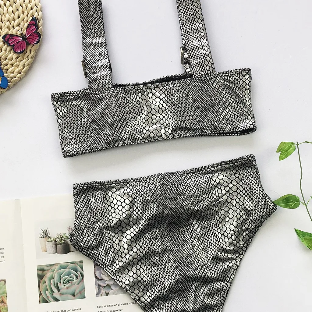 Бикини бандо текстура печать с ремнем Пряжка стринги купальник 2 шт. набор