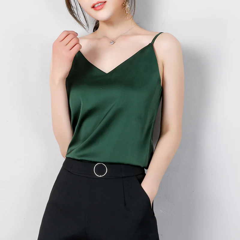 

New Satin Women Thin Wild Vest Women V-Neck Solid Sleeveless Tanks Top Casual Lady Tank Tops Plus Size S- 2XL