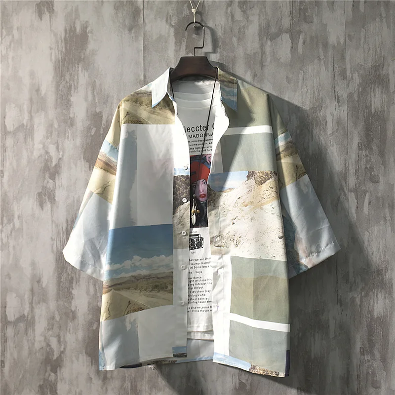 

Japanese Printed Men Shirt Loose Stylish Short Sleeve Button Collar Shirts Camisas Para Hombre Casual Men Clothes New MM60NCS