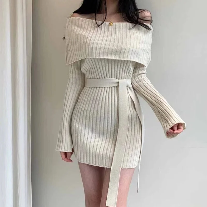 

Korea Chic Sexy Fold Slash Neck Sweater Dress Long Sleeve Mini Knitted Dresses Bandage Slim Waist Women Vestidos 2021 New Dress