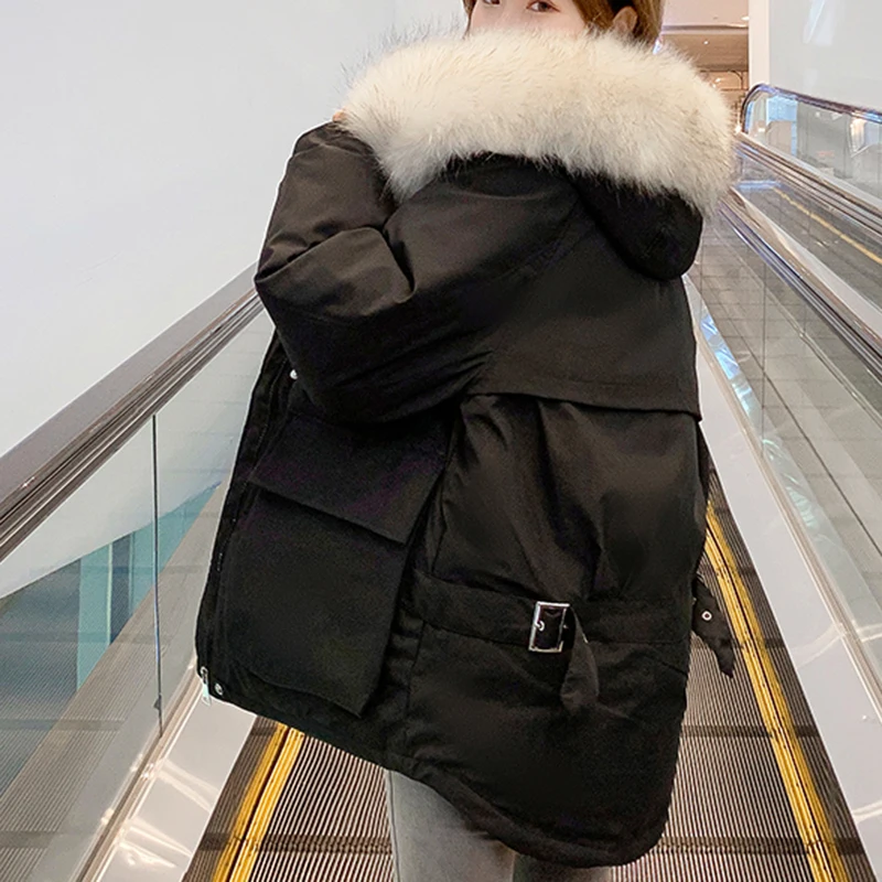

Lucyever Safari Style Fur Collar Hooded Parkas Women Korean Student Cotton Padded Coat Woman Winter Thick Warm Elegant Parka