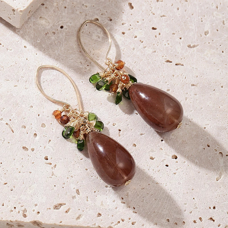 

Уникальные Редкие большие натуральные драгоценные камни 14 к золотые серьги ручной работы медный рутил зеленый турмалин Великолепная Подар...