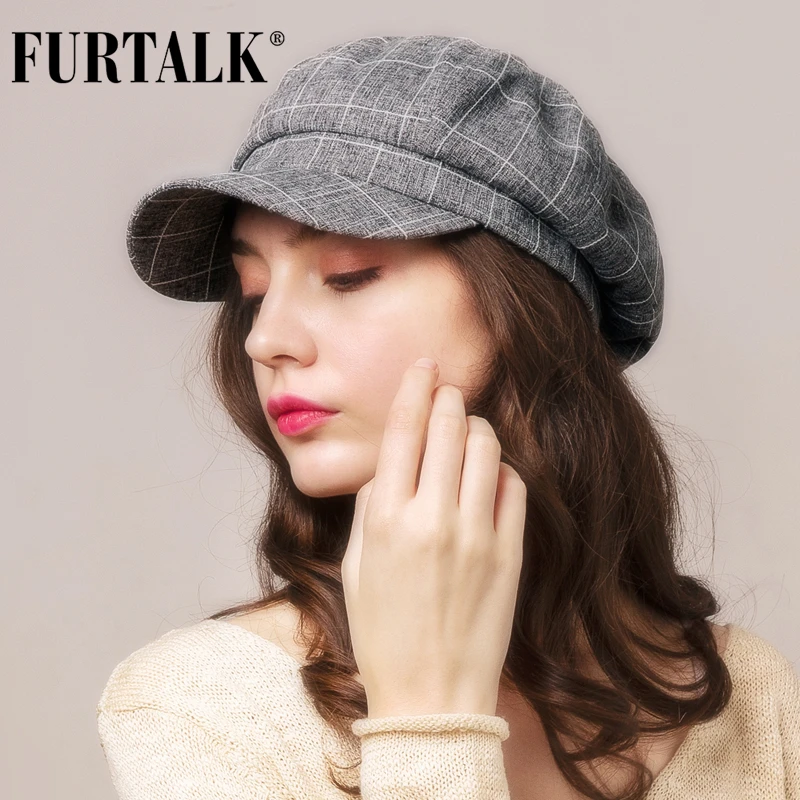 FURTALK шапка Newsboy для женщин, Зимний берет, восьмиугольная кепка Newsboy, весенне-осенняя хлопковая черная кепка для художника, серая красная Клетчатая Кепка