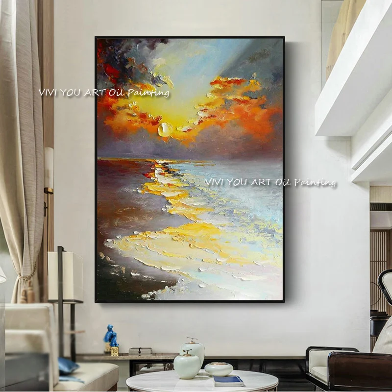 

100% Handmade Seascape Sunrise Oil Painting Custom Canvas Wall Decoration Paintings Living Room Painting Handpainted Unframed