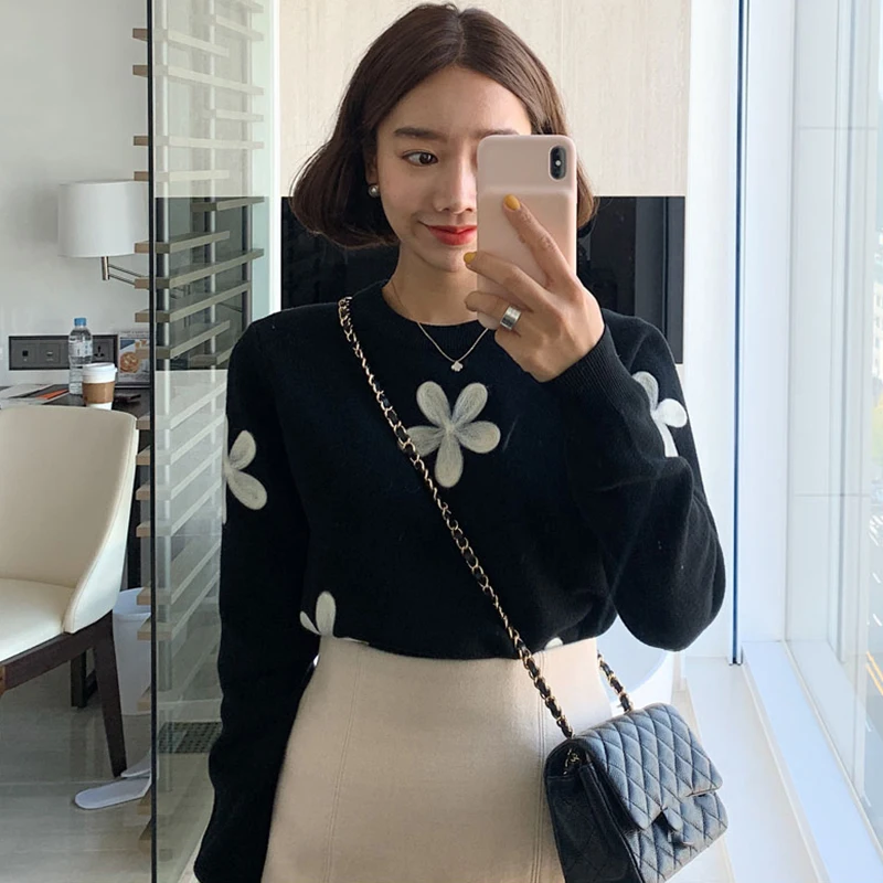 Женский свитер с вышитым цветком Gaganight пуловер длинным рукавом и круглым вырезом