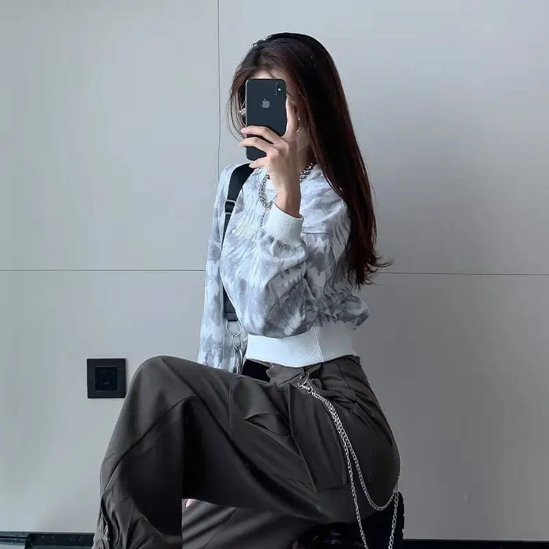 

Tie-dyed net red vests women tide ins autumn students short fried street loose Joker casual long sleeve coat coat