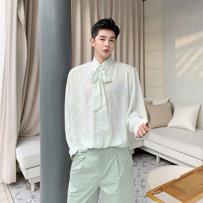 Korea Style Streetwear Vintage Flower Print Fashion Show Dress Shirt Men Thin Translucent Casual Long Sleeve Shirts Bow Tie Male | Мужская