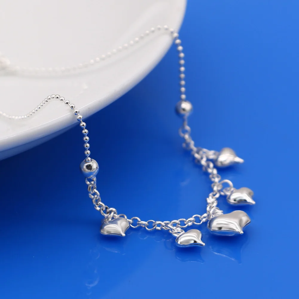 Женский браслет на лодыжку из серебра 925 пробы с подвеской в виде сердца цепочка