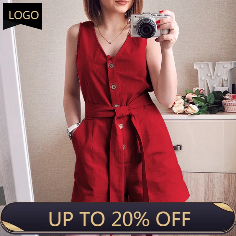 

Женский Повседневный комбинезон на шнуровке, летний однотонный комбинезон с V-образным вырезом без рукавов, элегантный льняной короткий ко...